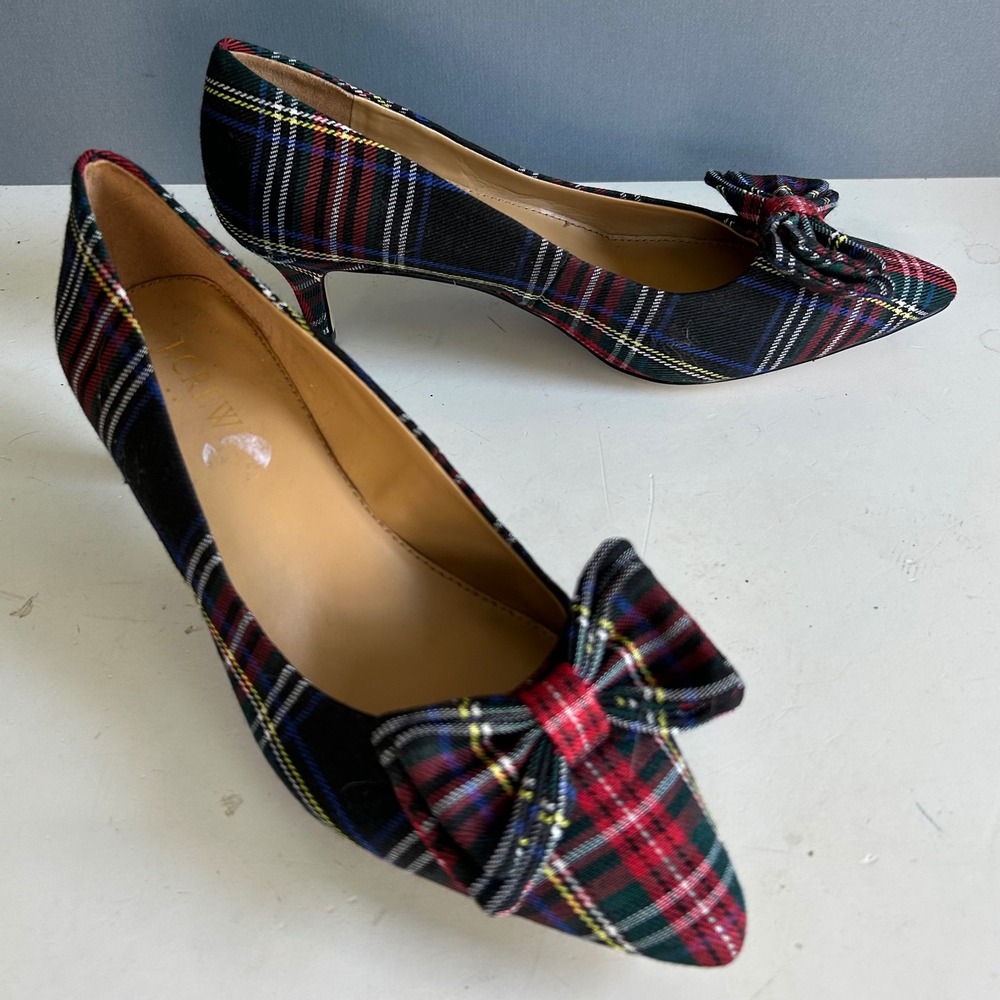 J.Crew Tartan Plaid Kitten Heel size 7 Stewart Bow Pumps Preppy Coquette
